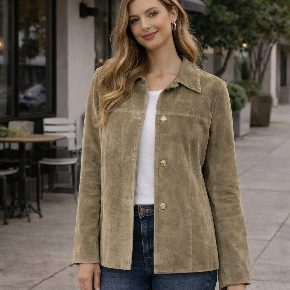Vintage CLIO Suede Leather Jacket Size 6 | Tan Button Front Leather Coat